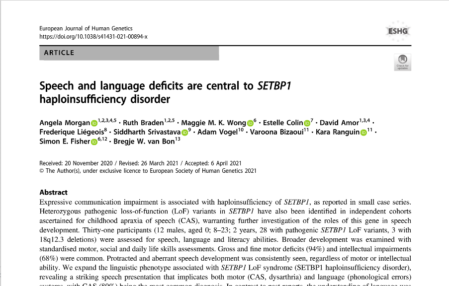 SETBP1 disorder Speech & Language Paper JUST RELEASED!