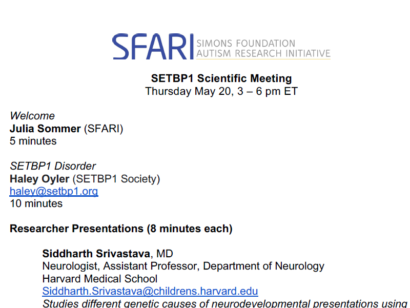 SETBP1 Scientific Meeting – Tomorrow 5/20